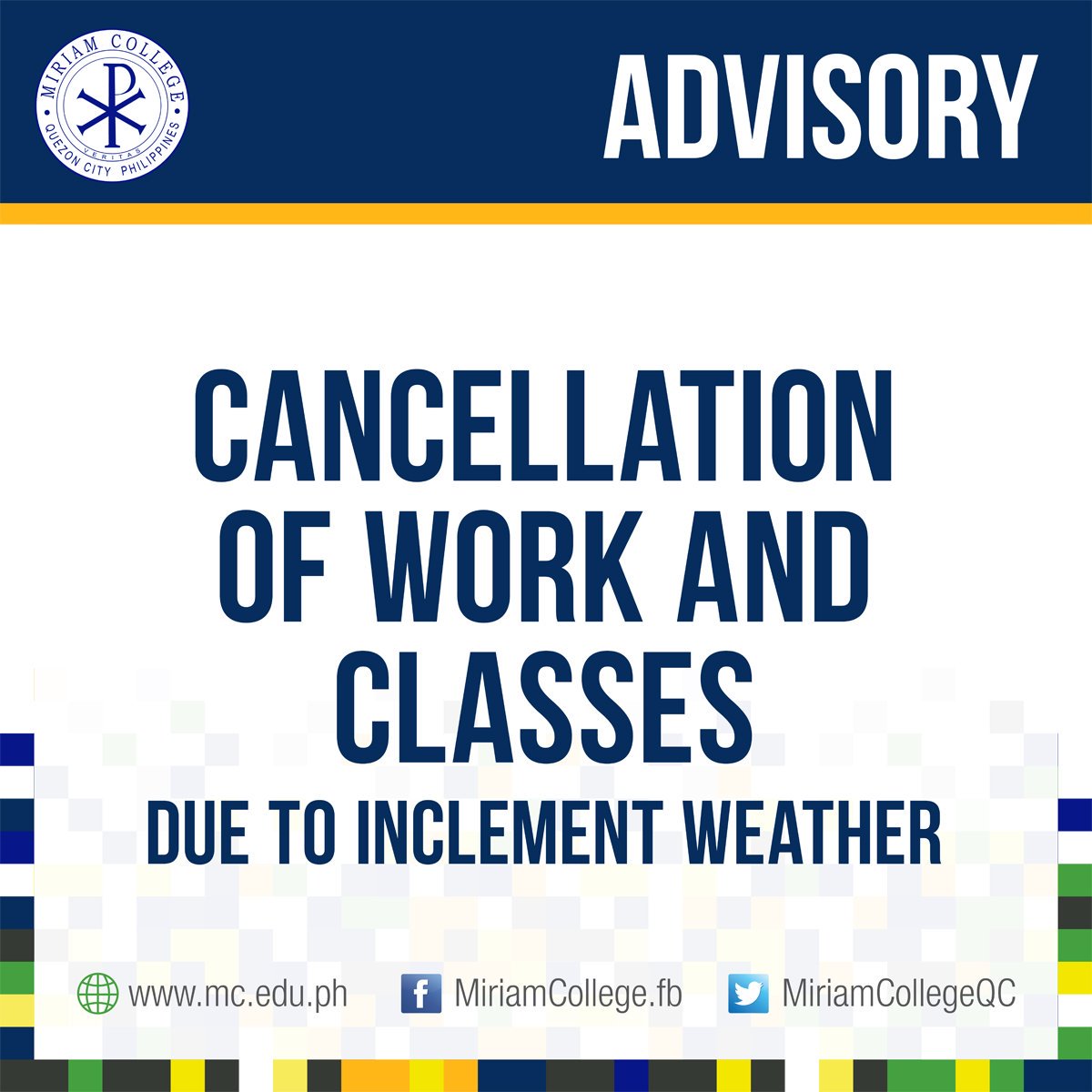 MiriamCollege's tweet photo. As announced by QC, classes in all levels are suspended today, AUGUST 22 (T) due to inclement weather. Work in offices is also suspended. https://t.co/2z5rmH38Ot