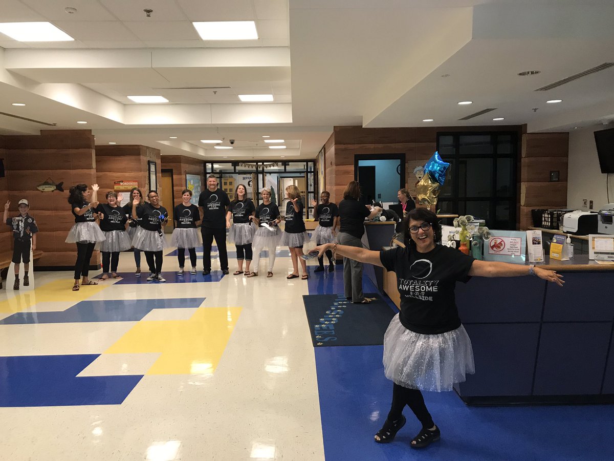 DrJeffRose's tweet photo. Clearly, @HillsideES staff are READY 4 the eclipse. Awesome welcoming. I feel underdressed😂 https://t.co/RPHLs1aVNT