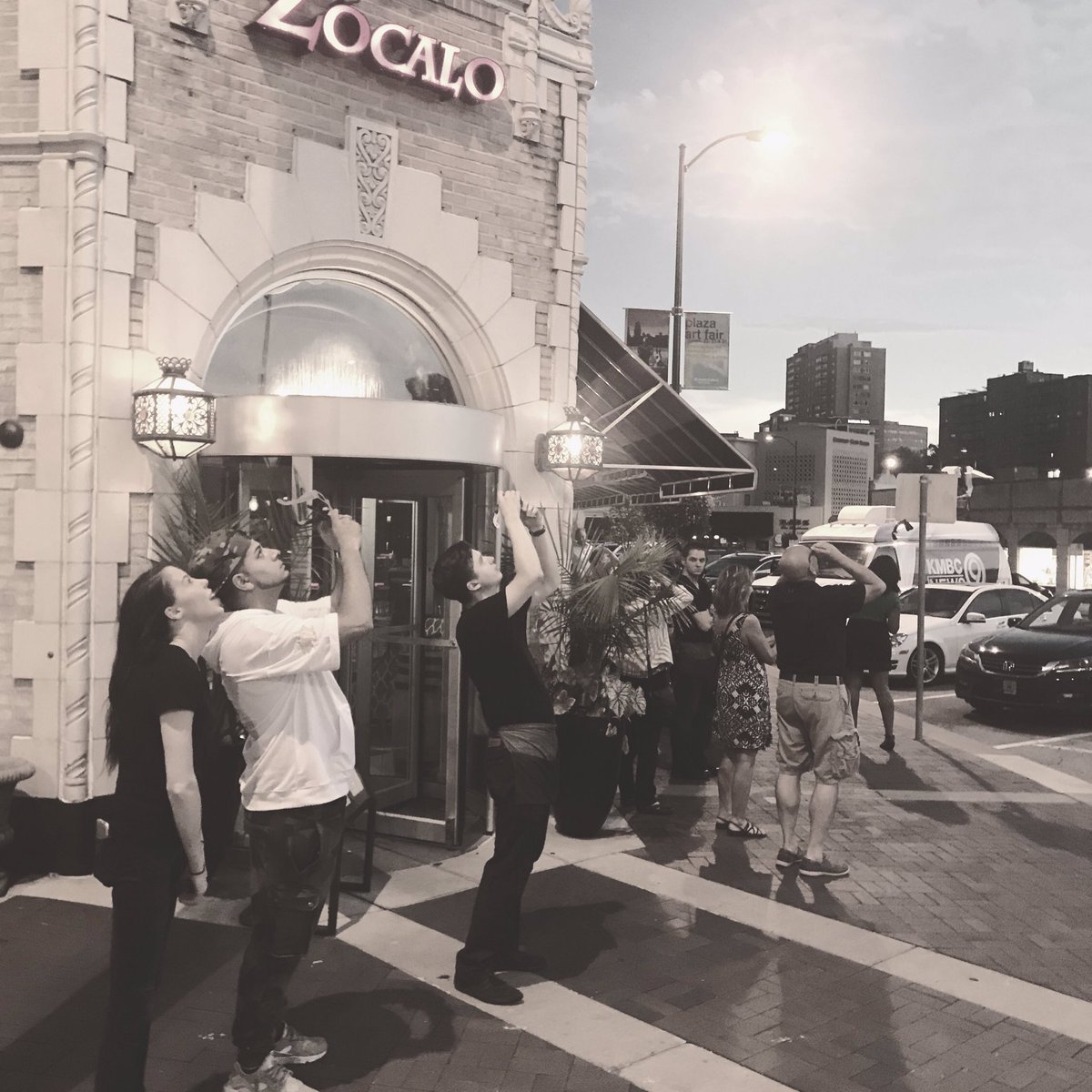 ZocaloKC's tweet photo. What's happening asked Twitter. Pshh it's eclipse mania 2017. #heykatie #heygeorge #zocalokc #eclipsekc #margaritamonday https://t.co/BbXgs4NlSL