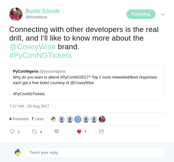 pyconnigeria's tweet image. First set of @CowryWise donated tickets winners! Thanks for participating. More opportunities to follow. Keep following #PyConNGTickets