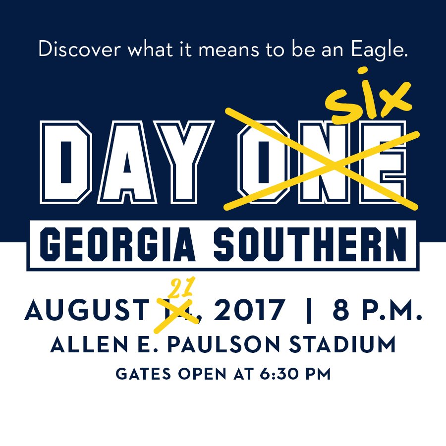 Come out tonight to the Stadium and hear about all the GSU traditions from President Hebert! Get a free t-shirt while supplies last! #Day6