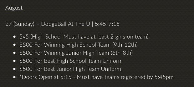 RockCrkStudents's tweet photo. Dodgeball is this Sunday at The U! Here are the details! $2000 is up for grabs. https://t.co/ymjUzMBoZm