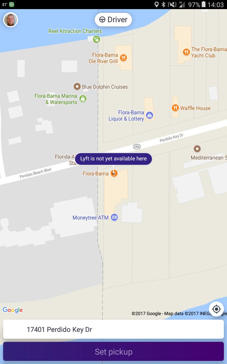 Caboosey's tweet photo. Why can't you request a Lyft at Flora-Bama in Pensacola, FL? @lyft @AskLyft https://t.co/g7EB4M4gHr
