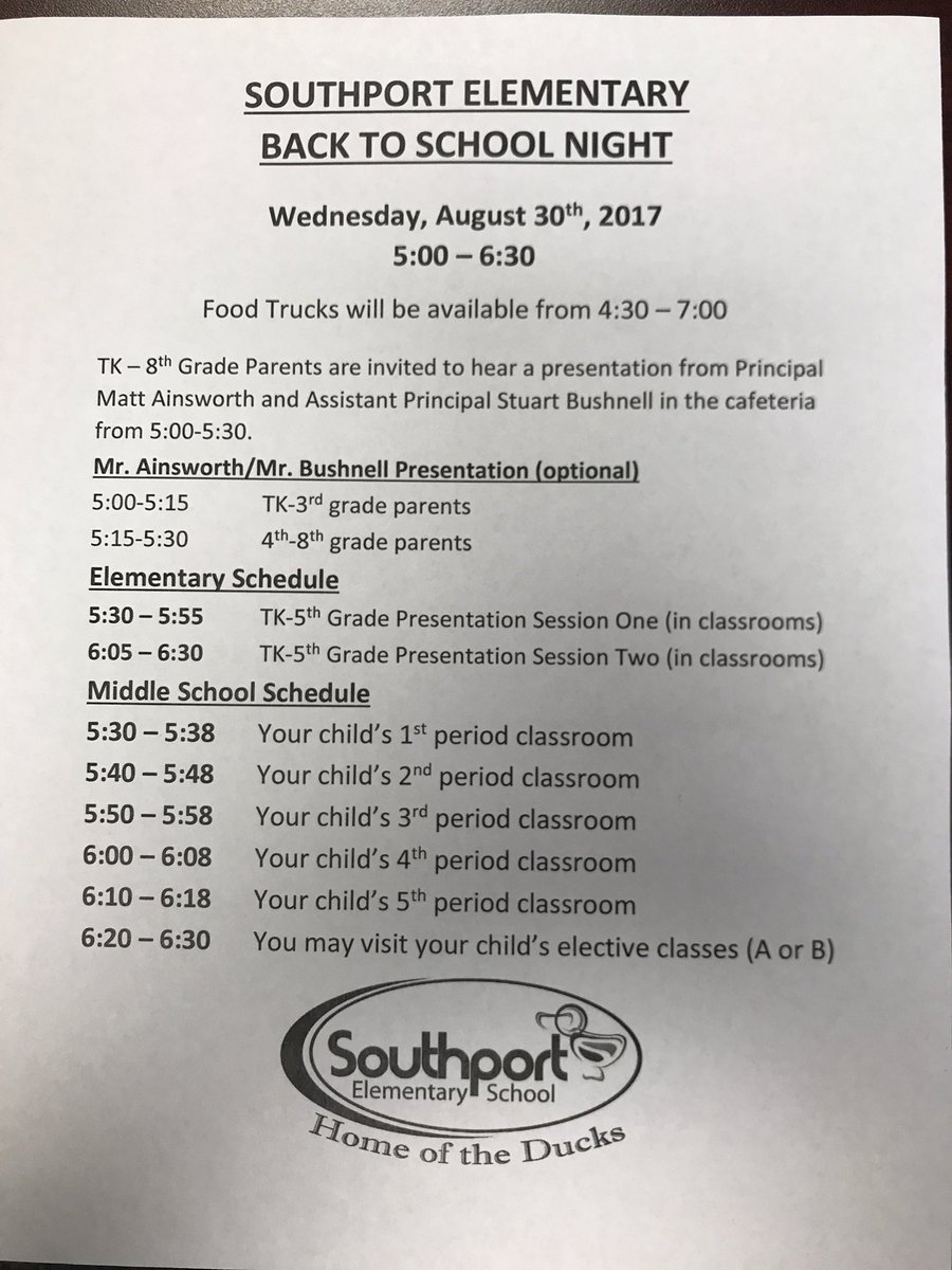Information on Southport Elementary Back to School Night. August 30 from 5:00-6:30 pm.