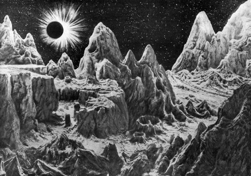 HumanoidHistory's tweet photo. A solar #eclipse as seen from the Moon, imagined in #space art by Scriven Bolton, Chesley Bonestell, David A. Hardy &amp; NASA's Ernest Wright. https://t.co/bvsvRlIstM