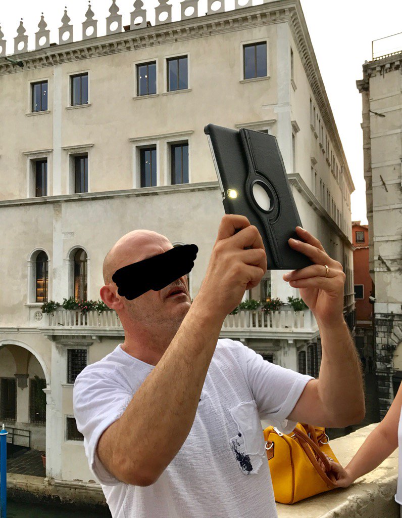 mauricefreedman's tweet photo. Ok stop it. Put the iPad BACK in your giant fanny pack, you're scaring the children. I blocked your face out of mercy https://t.co/W4f3Bw7Wwk