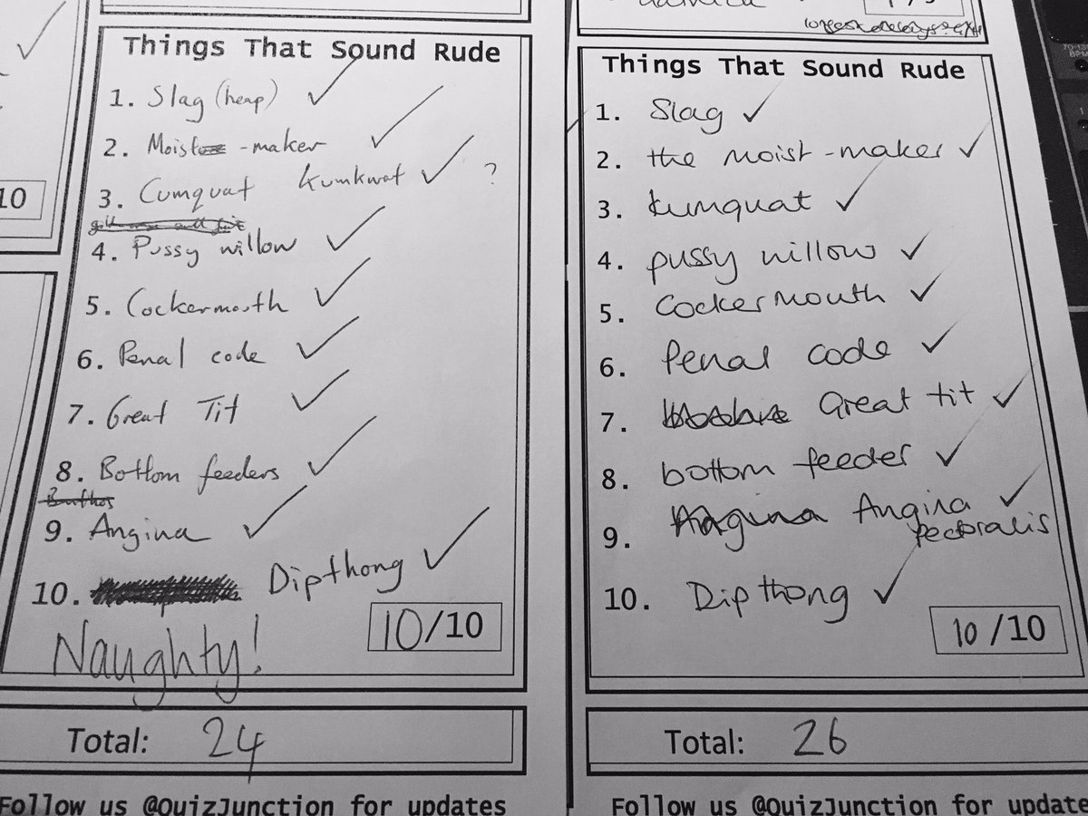 QuizJunction's tweet photo. Special shout out to Totes My Goats and Mums On The Rum for getting perfect scores on the rude round 😅 https://t.co/ml8eVyPCNv