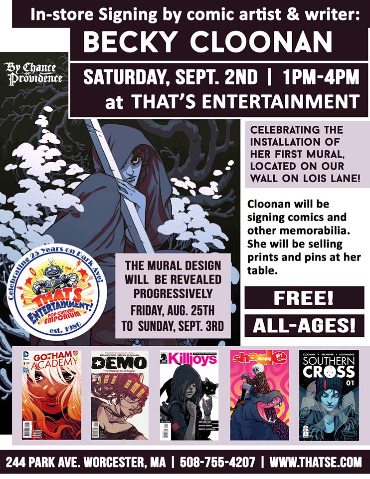 Meet <a href="/beckycloonan/">Becky CloOOoOoOonan 👻</a> <a href="/ThatsE/">That's Entertainment</a> on Saturday, Sept 2 from 1-4pm. You can admire her mural outside and her comics inside as she signs memorabilia.