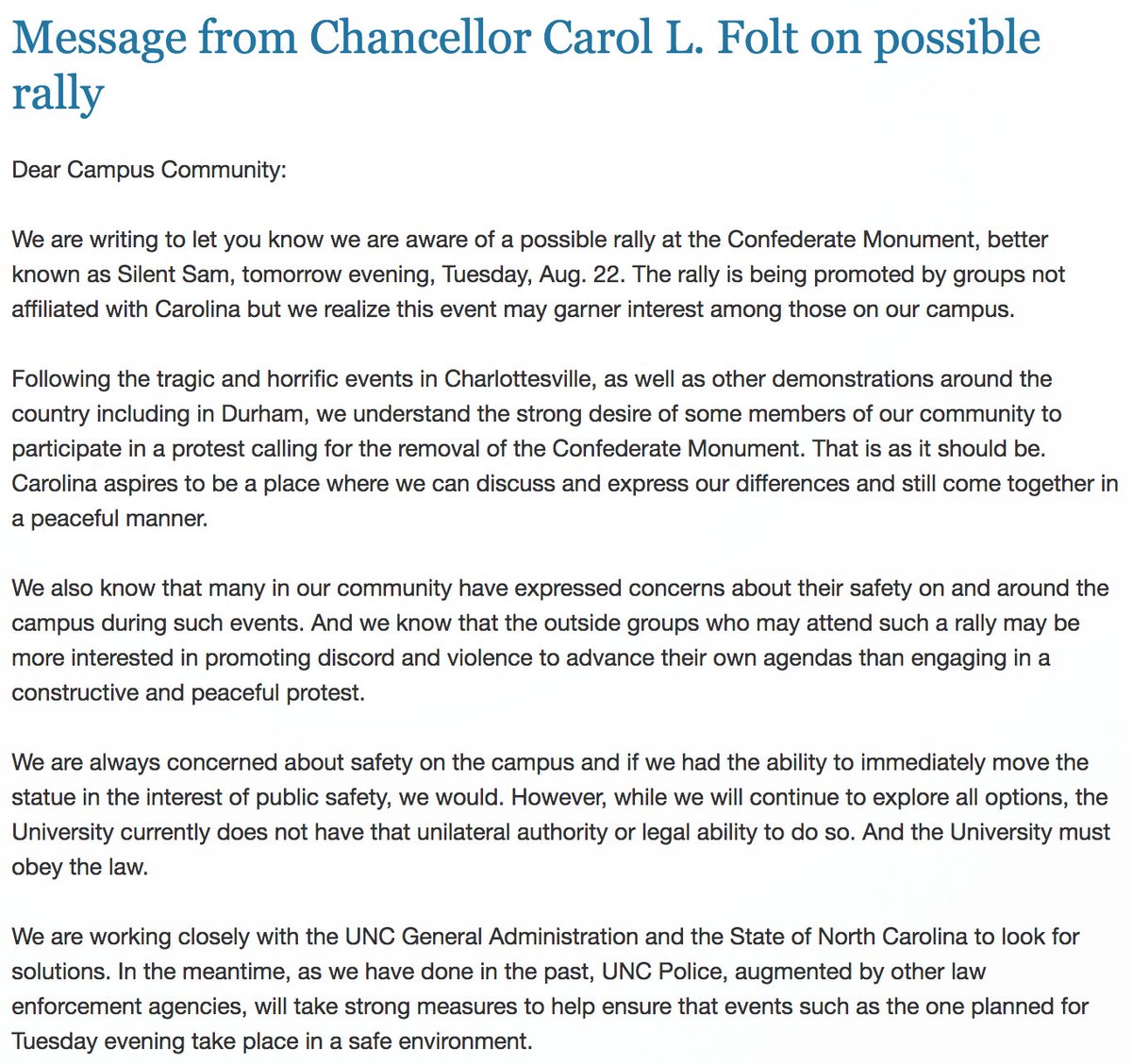 UNC's tweet photo. Message from Chancellor Carol L. Folt on possible rally https://t.co/yQFw5r7lKY https://t.co/QsP4n19Qcm