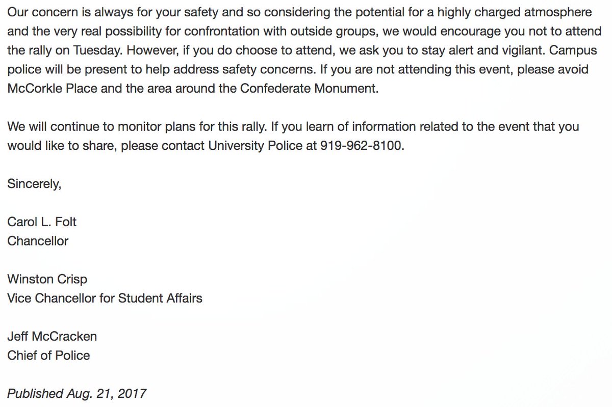 UNC's tweet photo. Message from Chancellor Carol L. Folt on possible rally https://t.co/yQFw5r7lKY https://t.co/QsP4n19Qcm