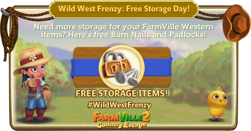 farmville2's tweet photo. FREE STORAGE ITEMS 🔒 on the 4th day of our #WildWestFrenzy event 🤠 on #FarmVille2CountryEscape! Grab yours inside the game! 🤩 https://t.co/QqEd4ScaUG