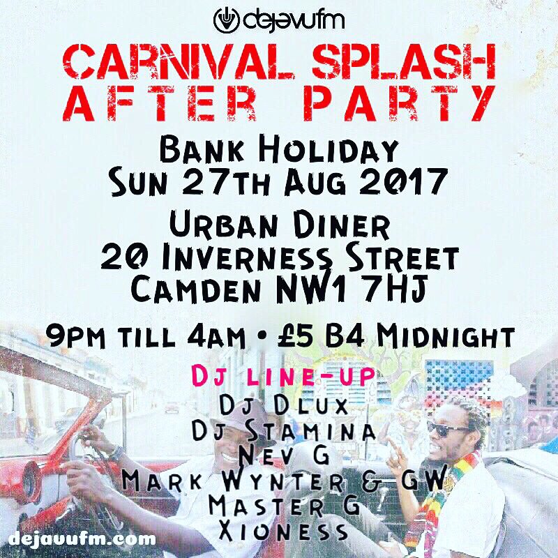 This Sunday Deja Carnival Splash at Urban Diner Camden dejavufm.com/2017/08/deja-c…