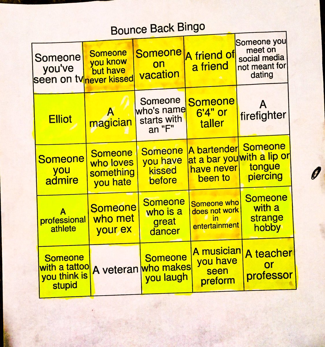 I made a bingo board of people I wanted to kiss to get over my broken heart, and it worked.