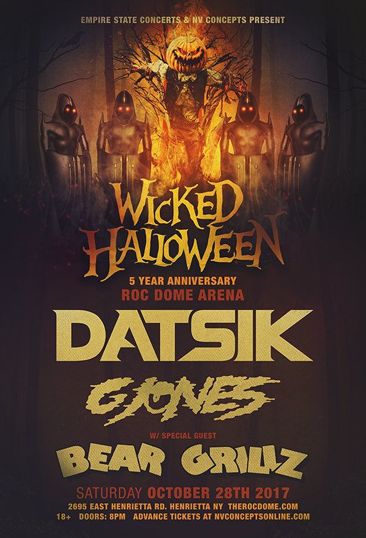 NVHalloween's tweet photo. WICKED HALLOWEEN IS HERE

@datsik @gjonesbass and @itsbeargrillz hit @rocdomearena
on 10.28

Presale starts August 23rd
Code: WICKED17 https://t.co/PdERZHGdoc