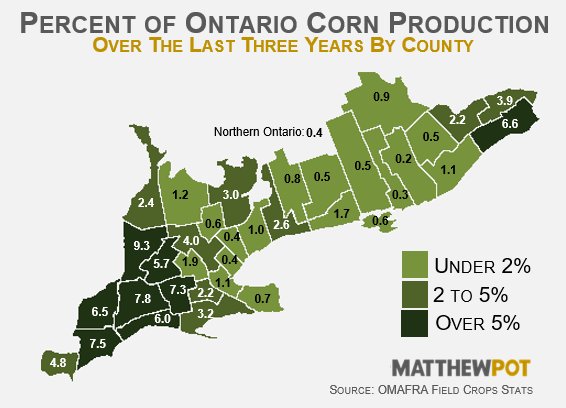MatthewPot's tweet photo. Ontario #corn production over the last 3 years by county. #OntAg #CdnAg https://t.co/x18z6TC4iz
