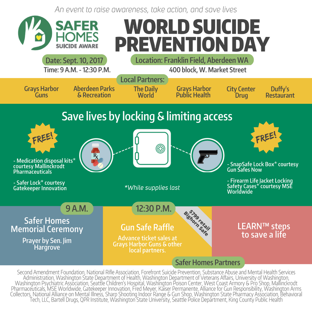 intheforefront's tweet photo. Join us in #AberdeenWA #GraysHarbor on World Suicide Prevention Day (9/10). FREE giveaways, gun safe raffle ($799), Rx disposal kits + more! https://t.co/DZbttssk3M