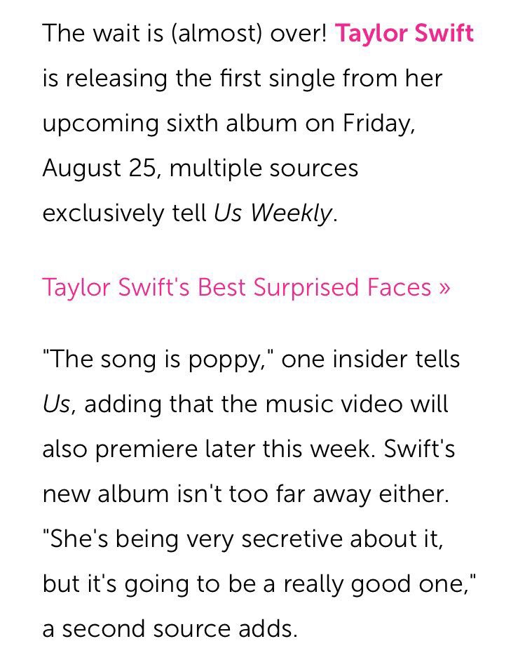 SwiftNYC's tweet photo. Taylor is expected to release a "poppy" single on Friday, Aug 25th, as well as attend the VMAS - told exclusively to @usweekly #TS6IsComing https://t.co/V0djRzNJsE