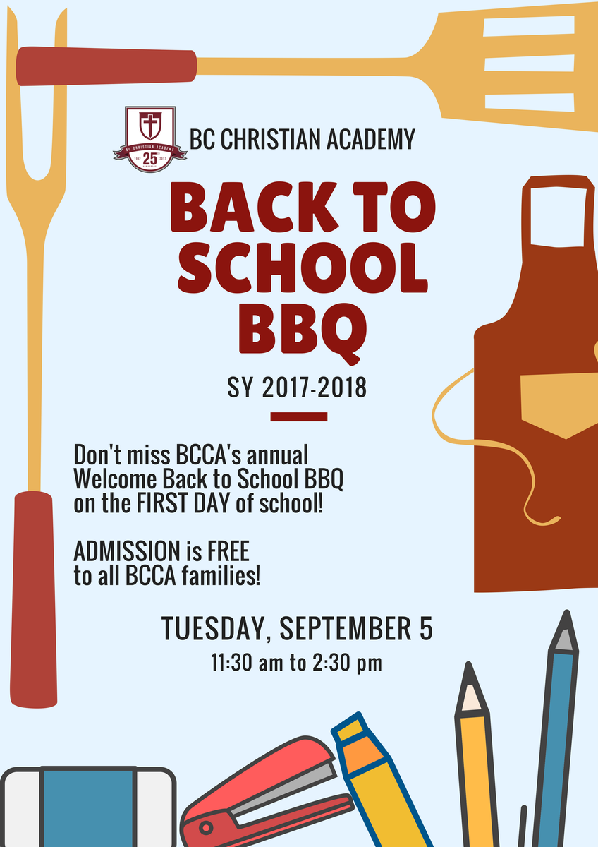 BCCASchool's tweet photo. #Back2School2017 #aroundthecorner #back2schoolBBQ
Signup for 2017 BACK-TO-SCHOOL BBQ
https://t.co/RJxLgxKktd @signupdotcom https://t.co/836IAr3qDV