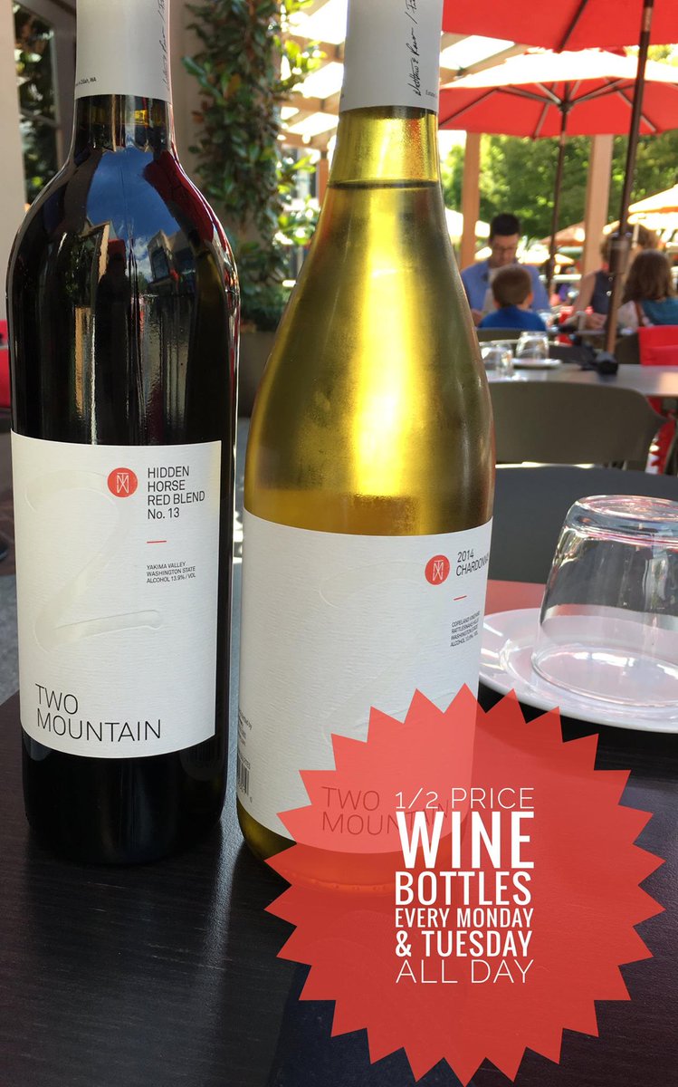 Every Monday &amp; Tuesday <a href="/PiattiSeattle/">Piatti Seattle</a>, all day 1/2 price wine bottles: take up to $25 off each bottle like these <a href="/Twomountain/">Two Mountain Winery</a> from #wawine.