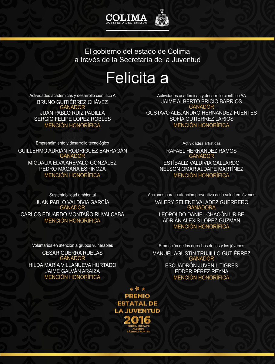 juventudeColima's tweet photo. Ganador@s y menciones honorificas
¡Enhorabuena y muchas felicidades!
Gobierno Colima
#PEJ2016
#JuventudEsPoder https://t.co/o5Tm9nIvXm