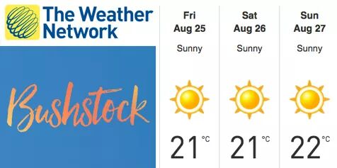 Look at the weather forecast for Bushstock weekend!!! Wowzers! #music #musicfestival bushstock.ca