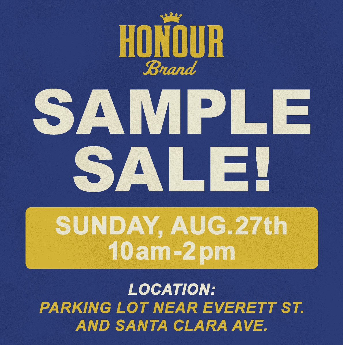 HonourBrand's tweet photo. We're having an End of Summer Sample Sale this Sunday! Up to 70% off Honour Brand tees, hats &amp; hoodies. Sunday Aug 27th / 10am-2pm https://t.co/s22mmcuyt1