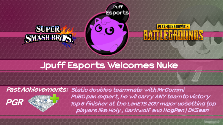JpuffEsports's tweet photo. Yo #Puffers!
Our third Smash bros player and first PUBG sponsored player is here! 

Congrats to @NukeSSB on joining the #Esports family. https://t.co/10pOwM5jcQ