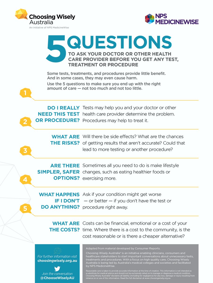CHFofAustralia's tweet image. Here are 5 questions you should ask of your doctor to help you #BeMedicineWise, from @ChooseWiselyAU. More info: choosingwisely.org.au/resources/cons…