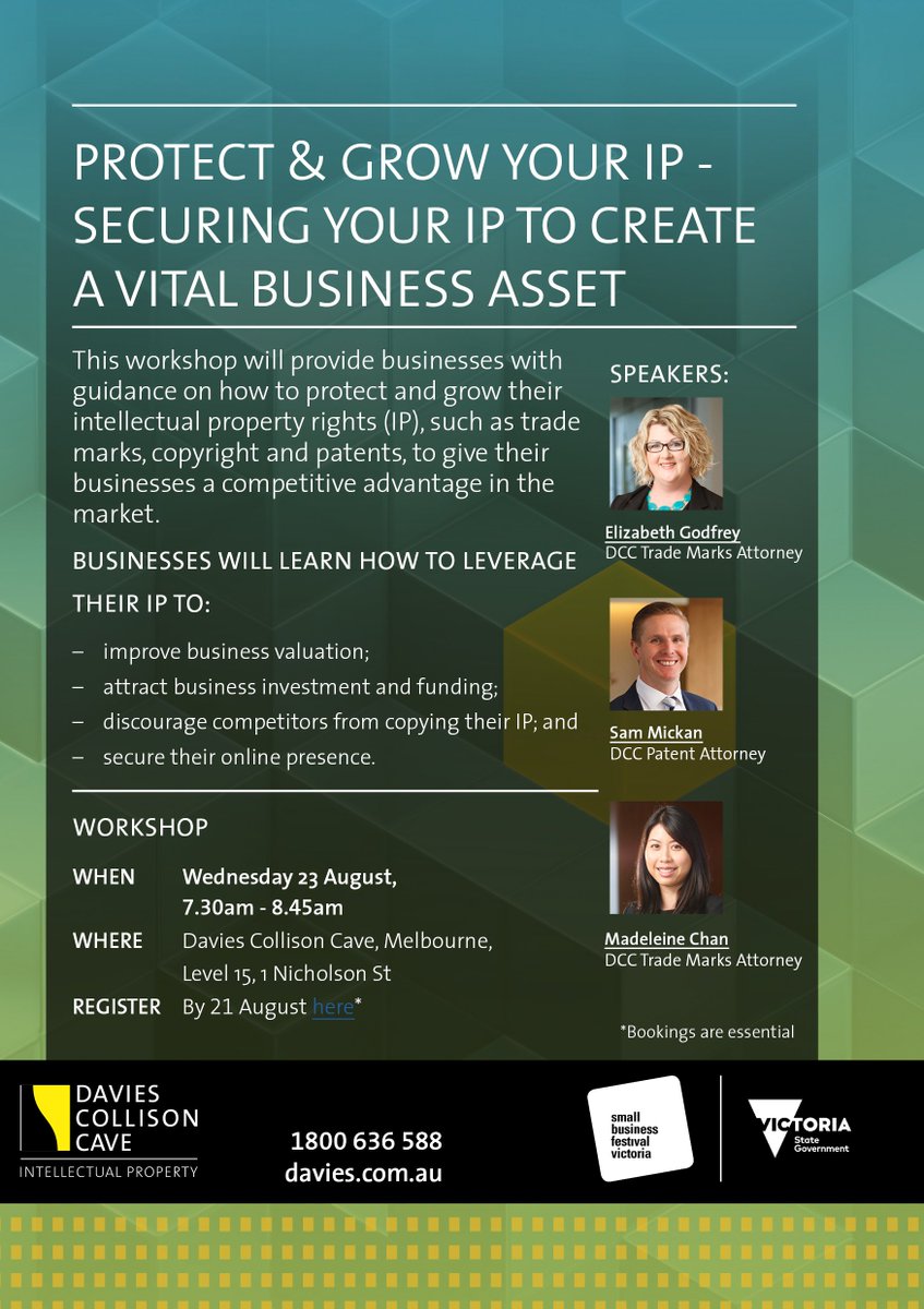 DaviesCollisonC's tweet image. 1 DAY LEFT! Our FINAL #IPWorkshop is tomorrow at DCC head office in MELBOURNE! REGISTER NOW! @SmallBizFestVic eventbrite.com.au/e/protect-grow…
