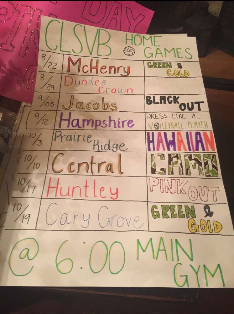 CLSGators's tweet photo. First home volleyball game of the season tmrw vs McHenry at 6! Come out and support the girls! Here are all the themes #GatorNation https://t.co/uvq8Q9ZKhL