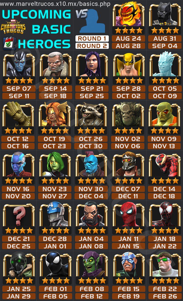 MCoCTrucos's tweet image. 🆚Upcoming basic heroes (VERSUS) 📅
Which one are you waiting for?

💻Always updated: marveltrucos.x10.mx/basics.php
#ContestofChampions