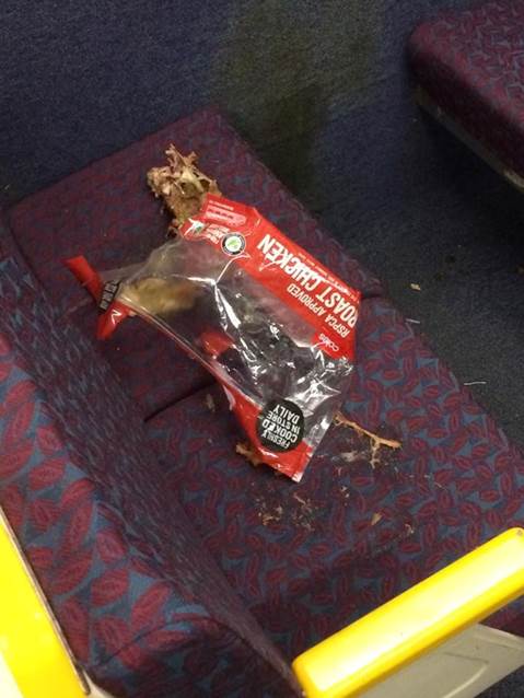 QueenslandRail's tweet image. The one lost property item we don’t want to look after… please take all rubbish (inc hot chooks) with you🤢 #TrainEtiquetteTuesday #KABWeek