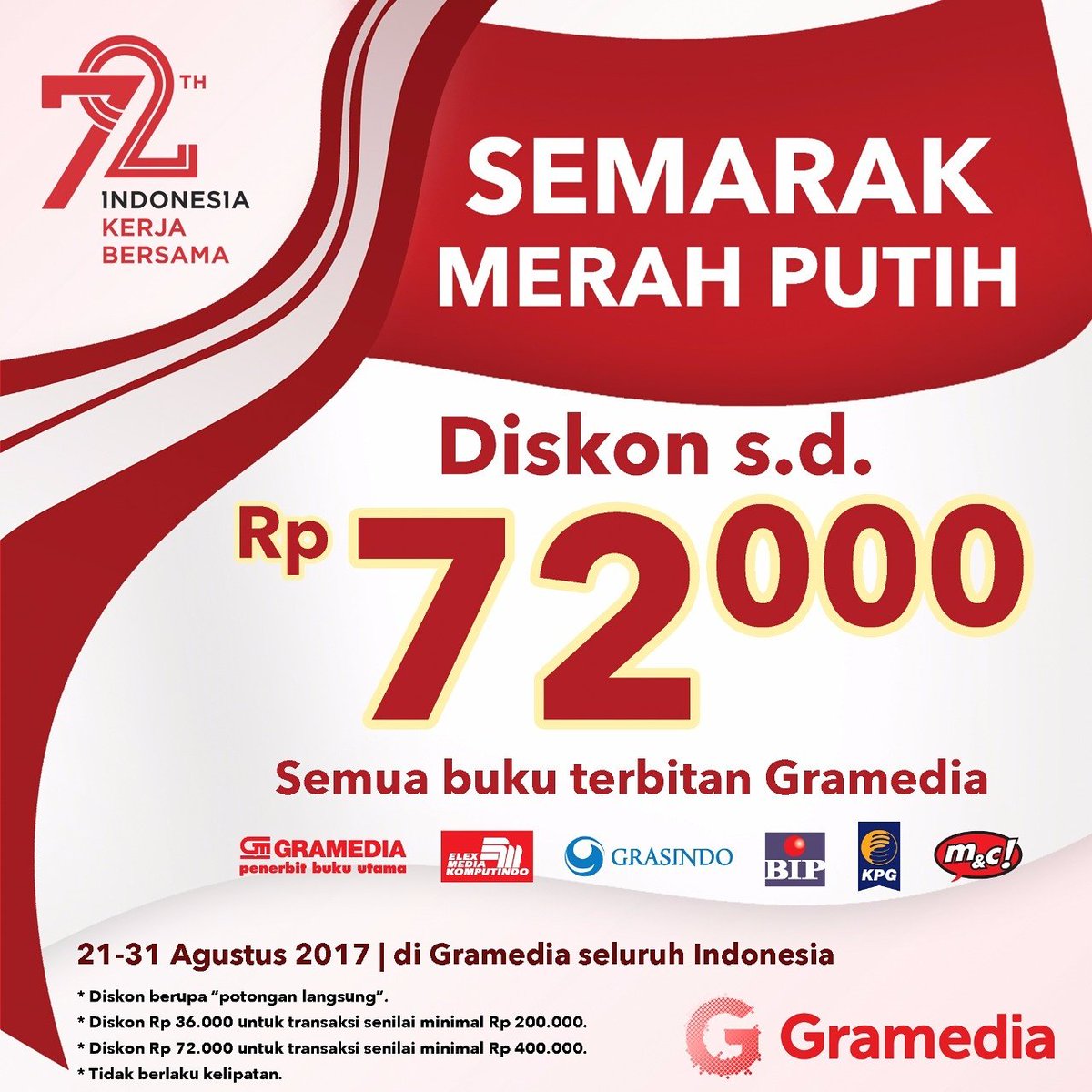 Hai Grameds 😊
Temukan inspirasimu dengan membaca buku. Dan dapatkan potongan harga Semarak Merah Putih 😊