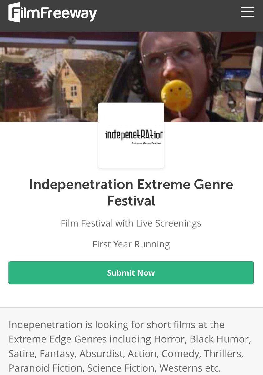 indepenetration's tweet photo. Extreme genre fest submissions open! (10/27)Next deadline 10/1 https://t.co/fciRDO3vRF #indepenetration #stiff2017 https://t.co/c7NRRW4hA7