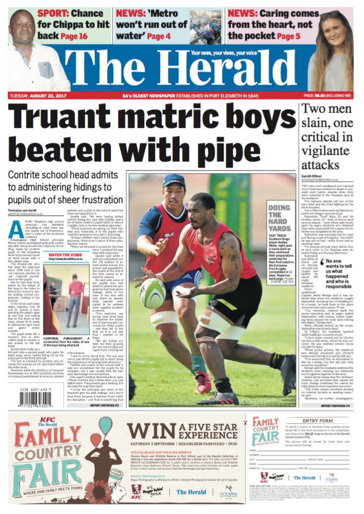HeraldNMB's tweet photo. Today in The Herald: #KwaMagxakiHighSchool #PESchool #PECrime #NMBWater #Pumas #SouthernKings #ChippaUnited https://t.co/pc0svOKmvn