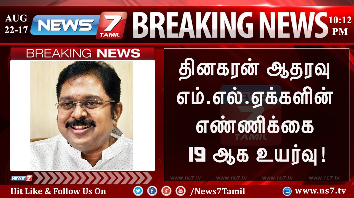 news7tamil's tweet photo. #BREAKING | பெருகும் ஆதரவு
தினகரன் ஆதரவு எம்.எல்.ஏக்களின் எண்ணிக்கை 19 ஆக உயர்வு!
https://t.co/5wMBD3FLqB | #TTVDinakaran | #SupportMLA https://t.co/bQP2iAfIe2