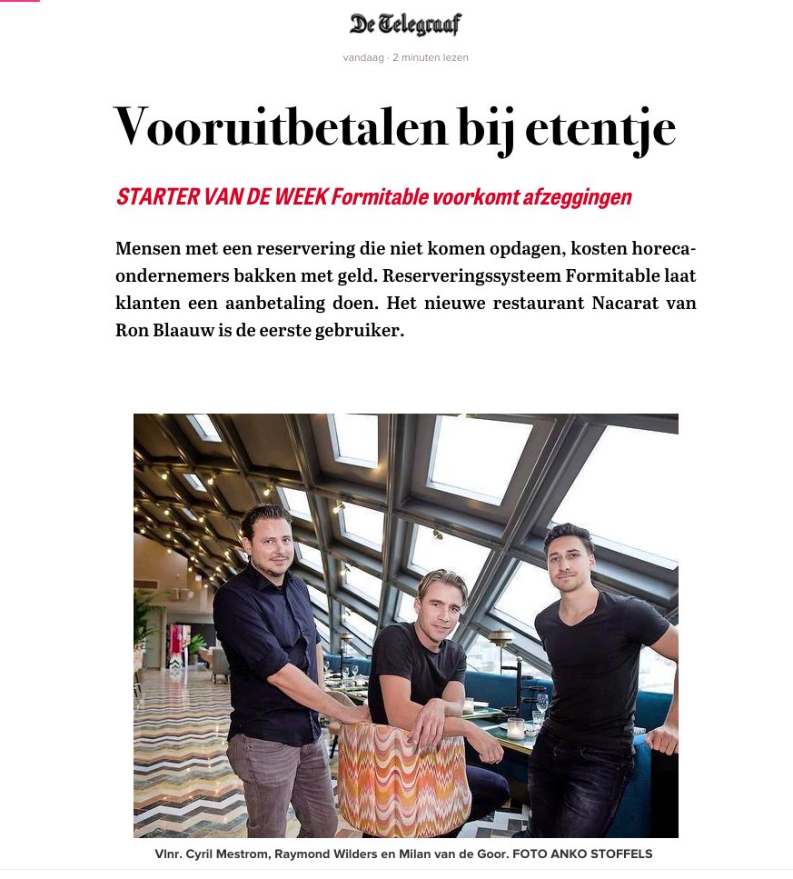 formitable's tweet image. Mooi stuk in @dftelegraaf! Over de lancering van Formitable en tickets bij het nieuwe restaurant van @ronblaauw: telegraaf.nl/dft/ondernemen…