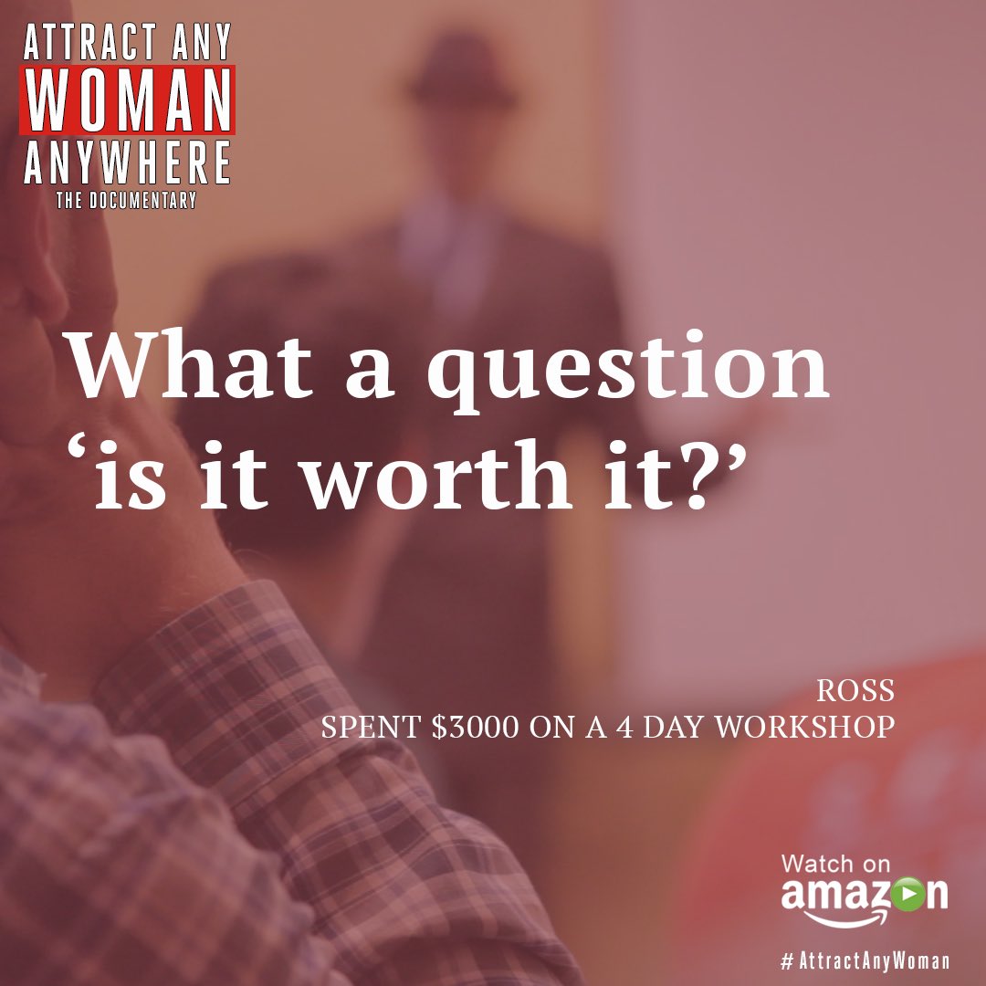 AttractWomanDoc's tweet photo. "What a question, is it worth it?"

Ross spent $3,000 on a 4 day @3SecondRule3SR dating workshop with @Discovery3SR

#PickUp #Dating #Single https://t.co/w9CYbs0hXh