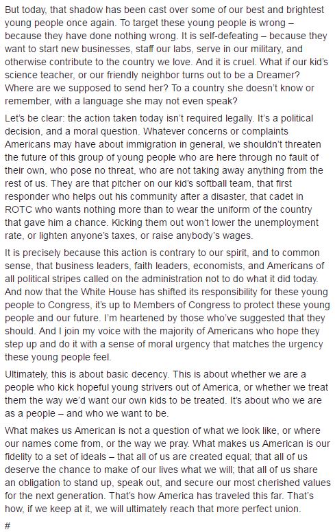 JUST IN: Former President Obama responds to DACA decision: "This action is contrary to our spirit and to common sense"