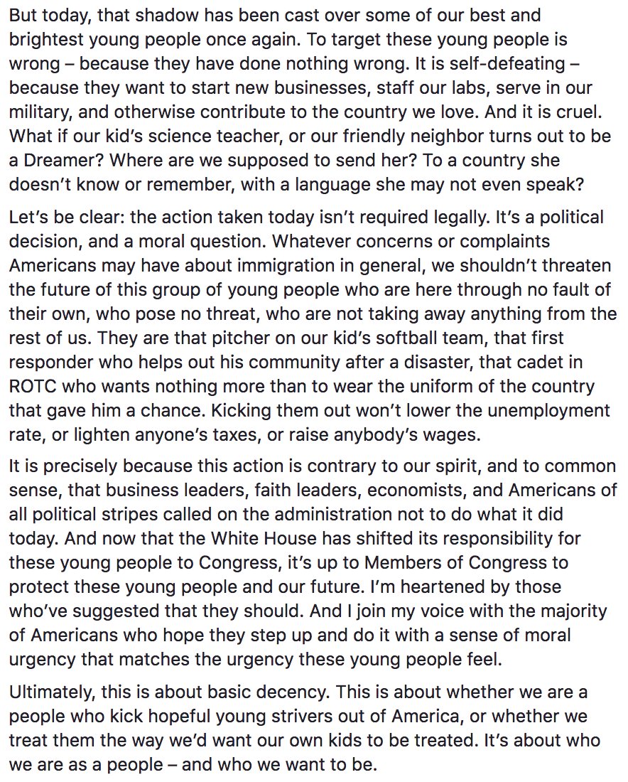 ABCPolitics's tweet photo. JUST IN: @BarackObama on decision to end DACA: "To target these young people is wrong...It is self-defeating...And it is cruel." https://t.co/UdHixqYEhO