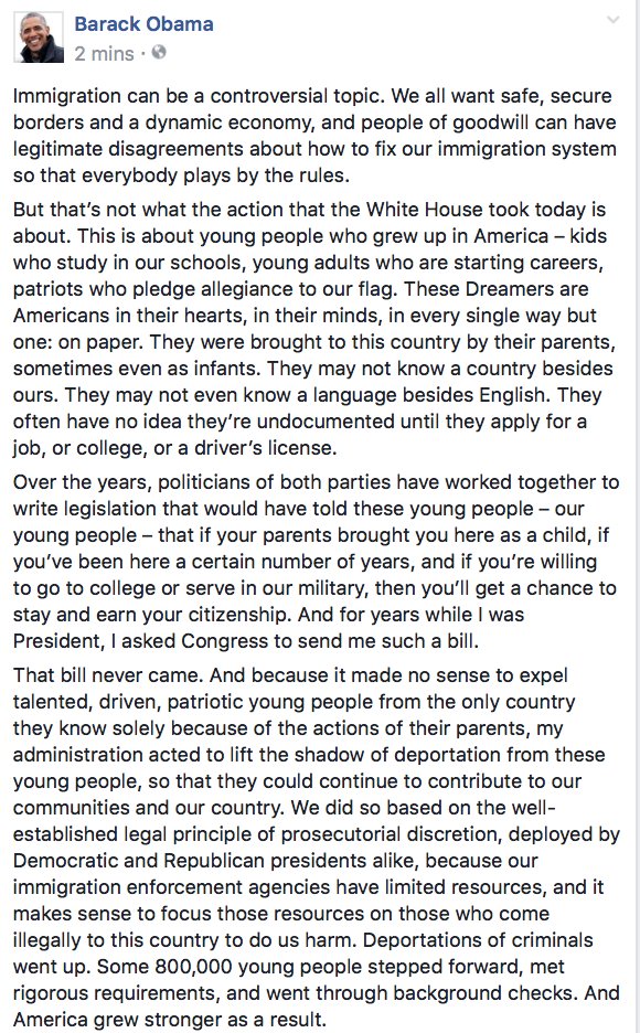 yashar's tweet photo. Statement from President Obama on President Trump's #DACA decision. https://t.co/zD6okADCLp https://t.co/s3KrrRfqke