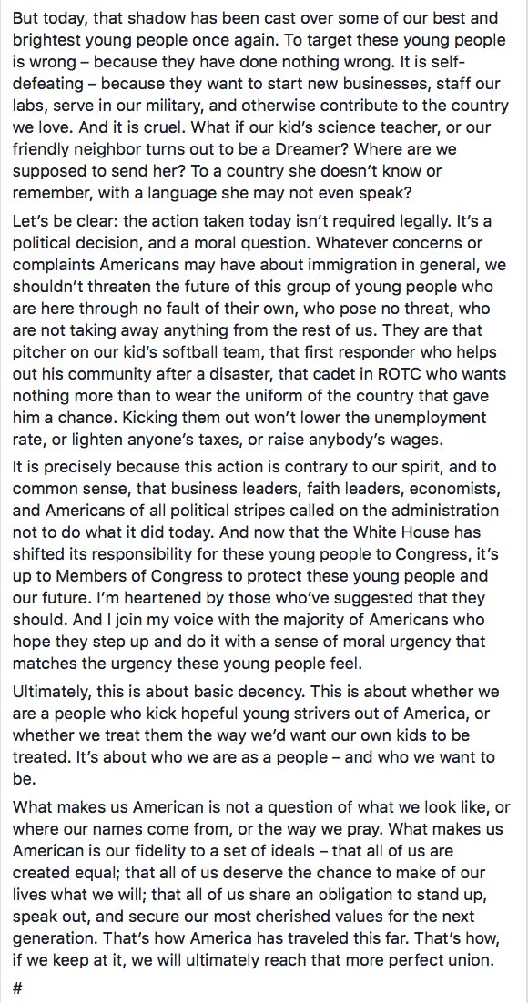 yashar's tweet photo. Statement from President Obama on President Trump's #DACA decision. https://t.co/zD6okADCLp https://t.co/s3KrrRfqke