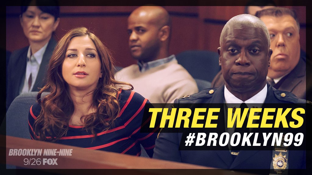 NOICE! Only THREE weeks until the return of #Brooklyn99. We'll see you September 26 at an all-new time of 9:30/8:30c.