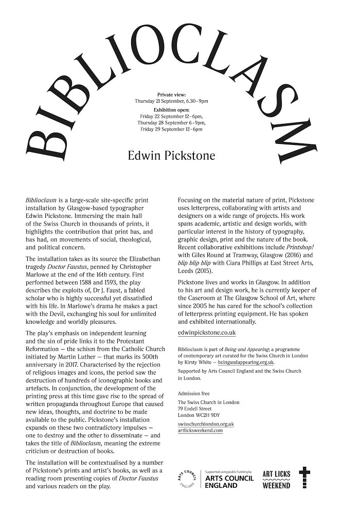 gsaviscom's tweet image. EDWIN PICKSTONE
Biblioclasm 
22-29 Sept, 

A large site-specific print installation in The Swiss Church, London

facebook.com/events/1966244…
