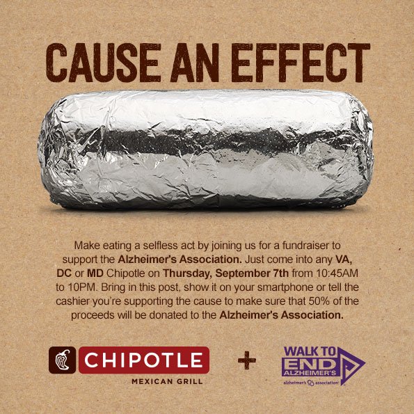 ALZNCA's tweet photo. .@BvB_DC, what's on the menu for 9/7? Visit any @ChipotleTweets  in VA, MD or DC &amp; half your bill will go to #Walk2EndAlz. YUM! 🌮💜🌯 #ENDALZ https://t.co/xytguAzciS