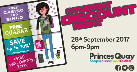 PrincesQuayHull's tweet photo. Calling all #hullstudents make sure you join us at our student discount night, 28th Sept, 6pm-9pm Savings, offers and freebies galore! #hull https://t.co/1P4rCTzBoG