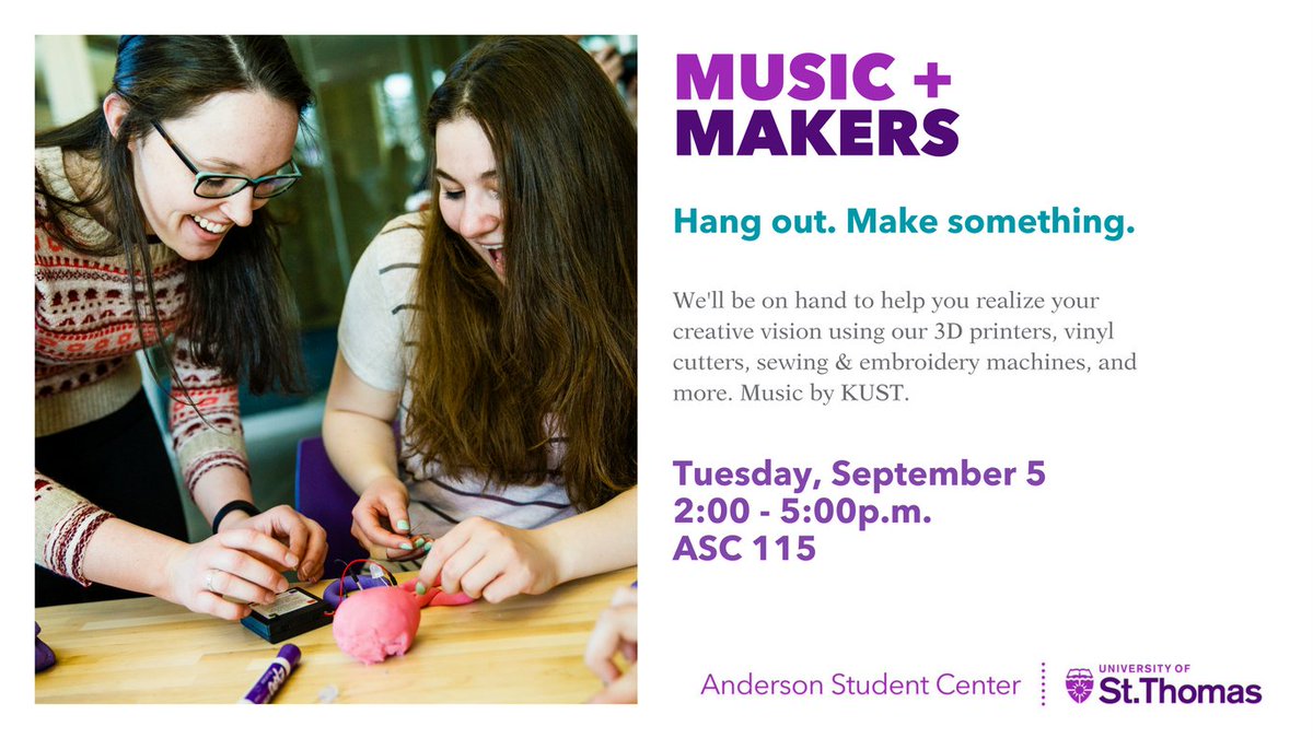 UofStThomasASC's tweet photo. Join us until 5:00pm for Music and Making - We've got snacks and @kustradio is playing music. Try one of our projects or do your own thing. https://t.co/rBXrXbmUmT