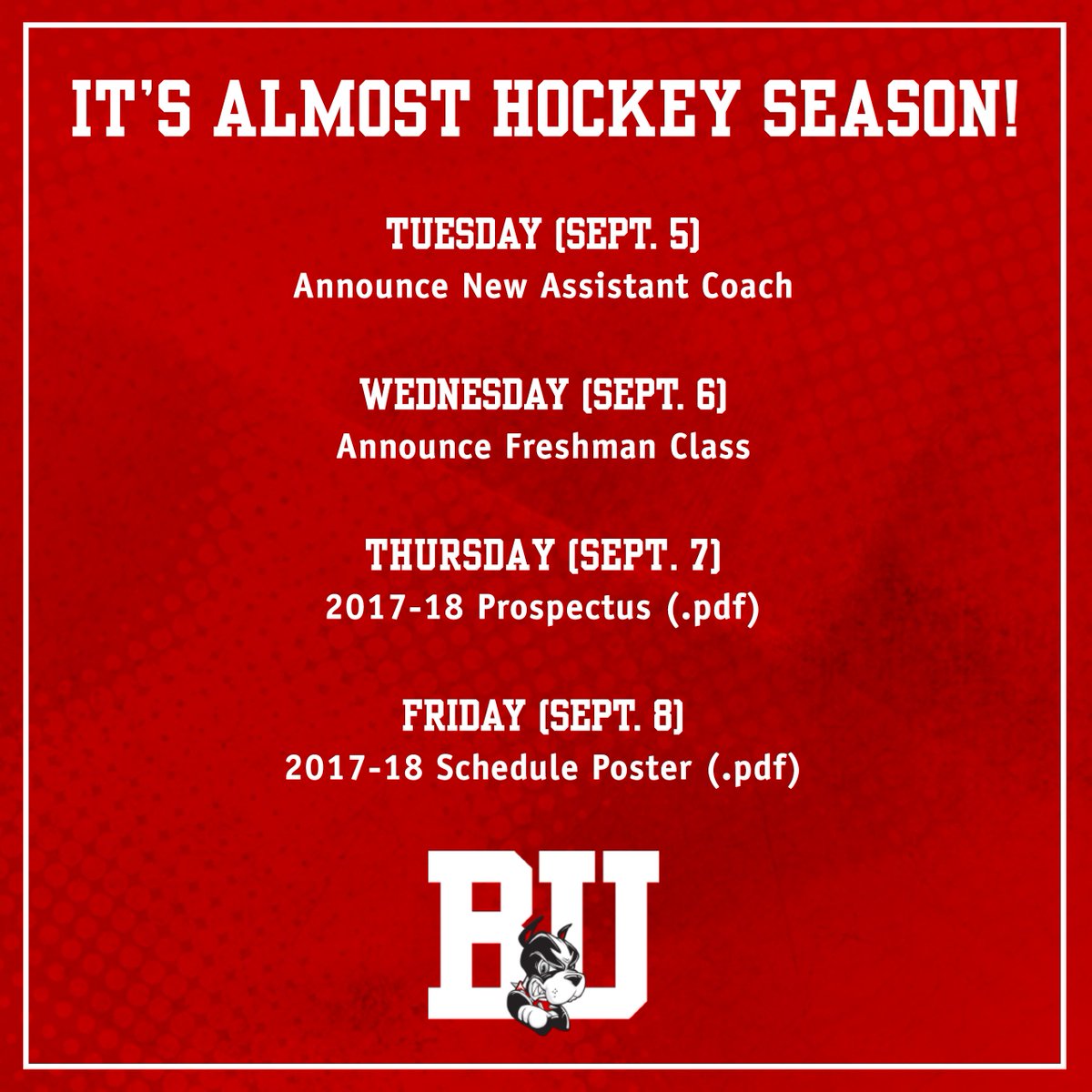 TerrierHockey's tweet photo. Welcome back, Terriers! For the first week of class, we will be unveiling something new each day to get ready for the upcoming season! #GoBU https://t.co/ZLPURu3FU6