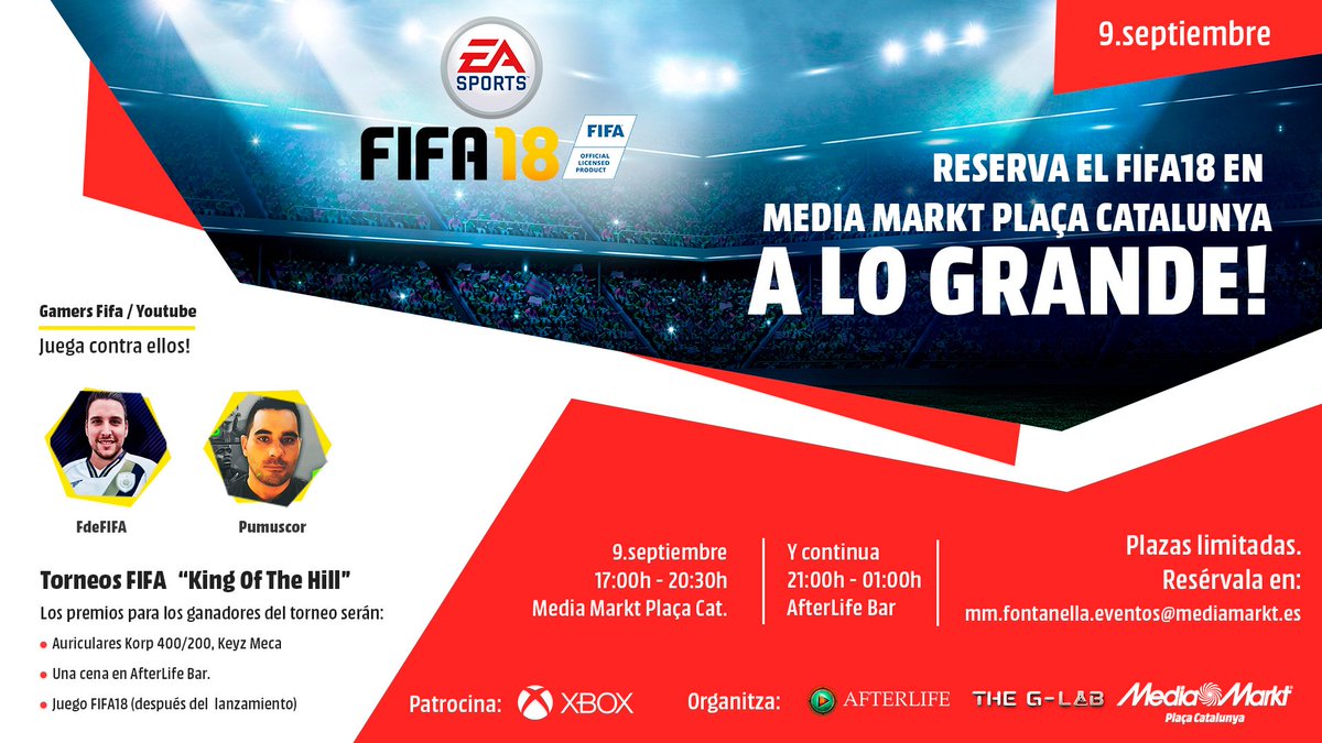 TheGLabES's tweet photo. Este Sábado tenéis una cita en #Barcelona junto con @F_deFIFA y @Pumuscor !
📆09/09/2017
🕔17:00h
🌍Media Markt, Plaça Catalunya.
#MMGames https://t.co/fRA1wZduCd