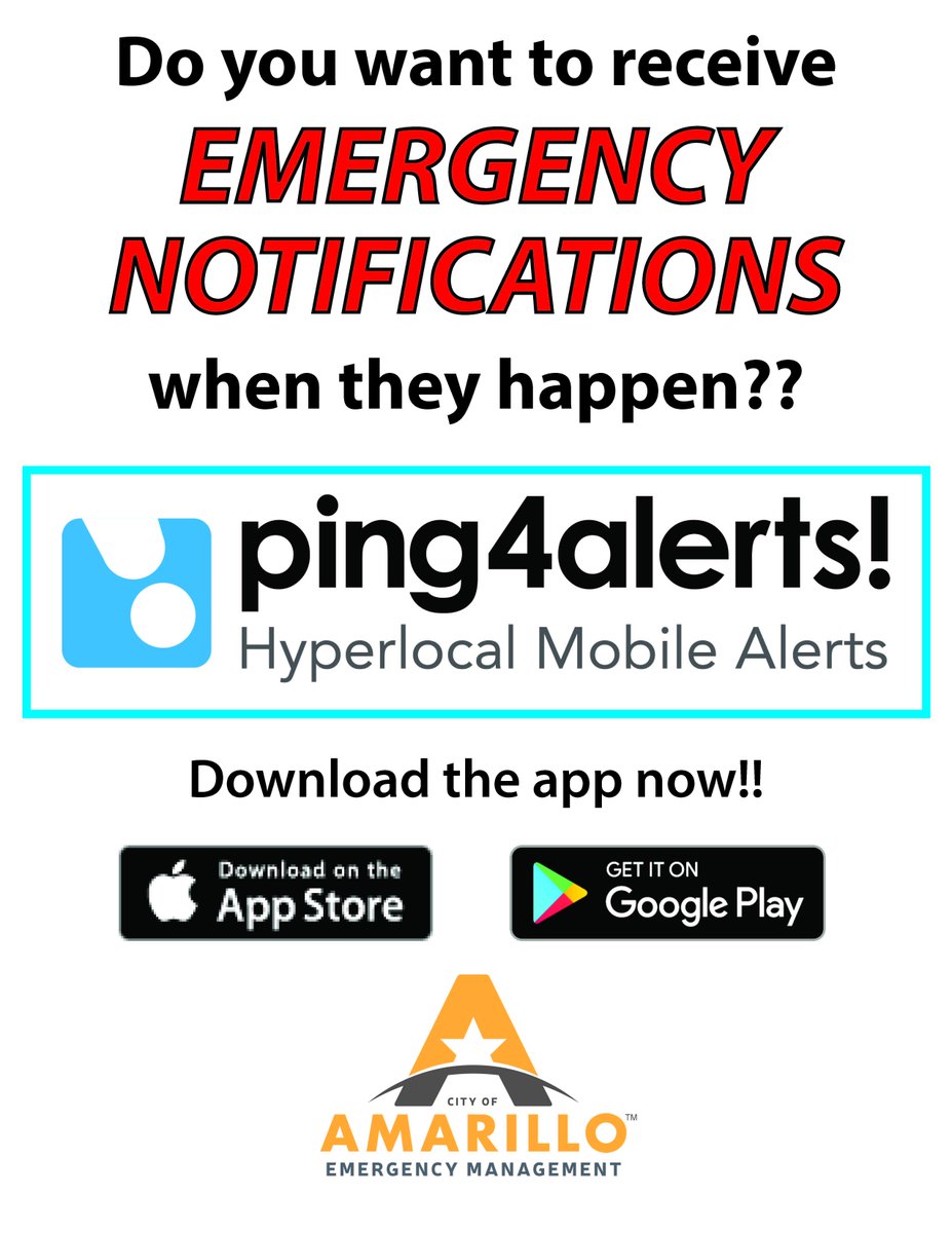 AmarilloOEM's tweet photo. @AmarilloOEM has partnered w/ @ping4alerts for emergency notifications for Amarillo/Potter/Randall. Sign up by downloading the app! #phwx https://t.co/scFlEixqvk
